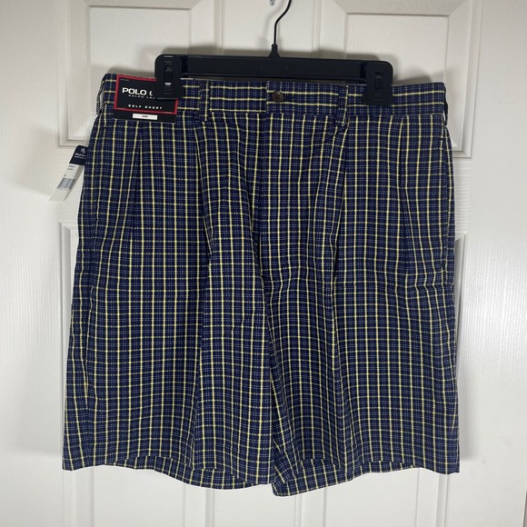 Polo Golf Ralph Lauren Classic Fit Crest Plaid Shorts Mens 34 Navy Double Pleat - Picture 2 of 8